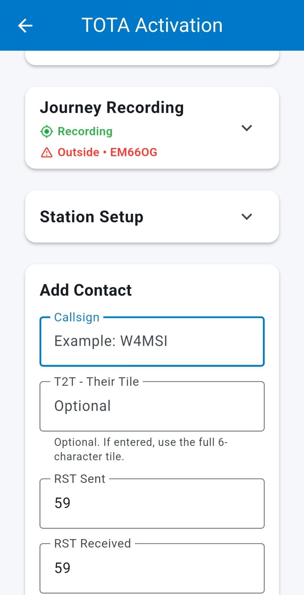 W4MSI Logger Journey Recording screen